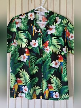 Mens Vtg Alohawears Hawaiian Shirt Multicolor Floral Macaw Cotton USA LRG Cruise